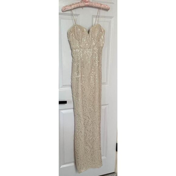 Aidan Mattox Sz 0 Sequin Cream Wedding Bridal Sweetheart Maxi Dress Side Slit - Picture 1 of 7
